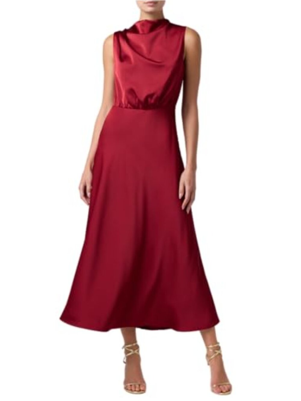 Lulus Ada Satin Midi Dress Mock Neck Sleeveless Fit & Flare